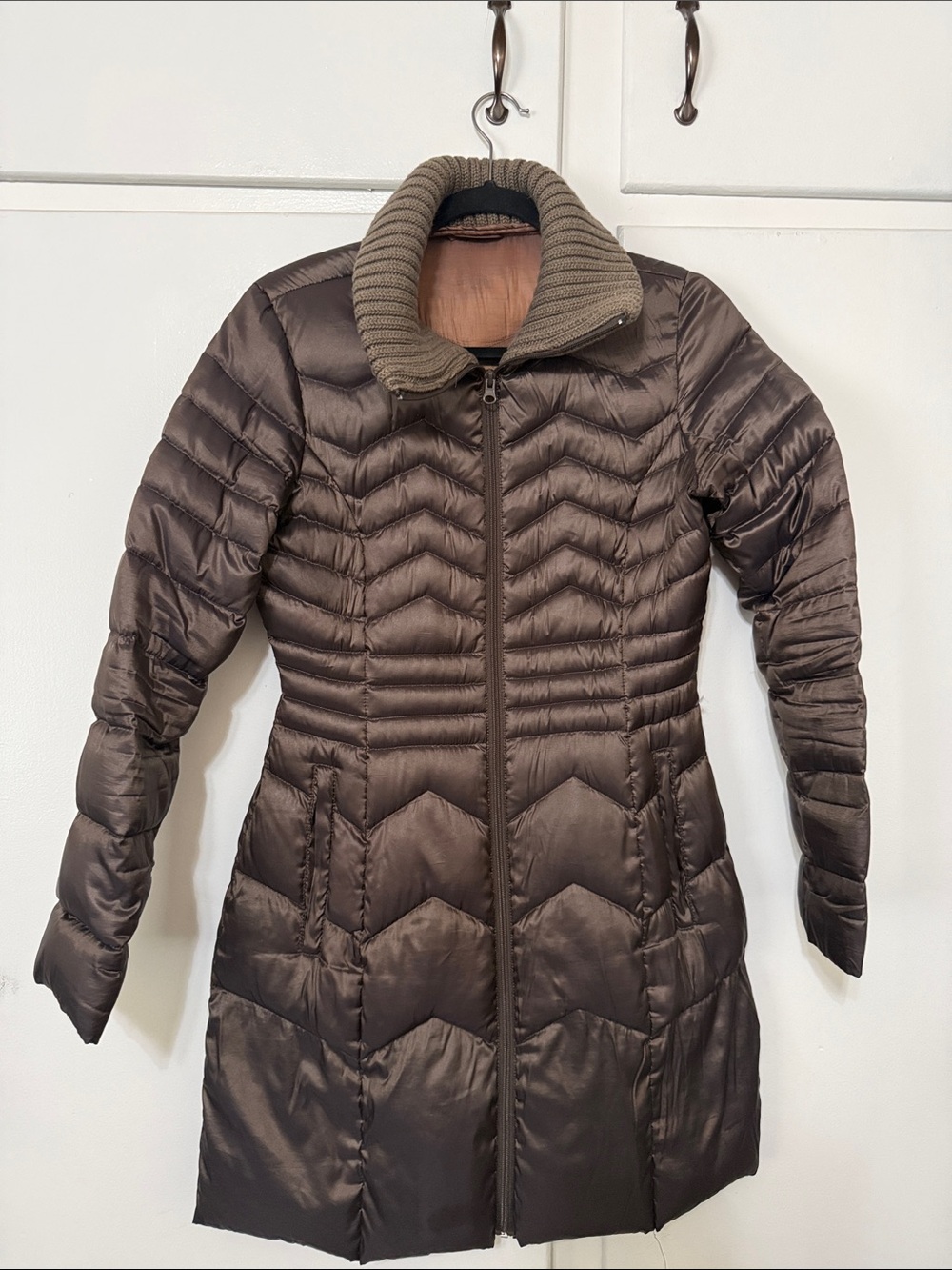Bernardo Quilted Long Puffer Coat in Brown with Ribbed Collar
